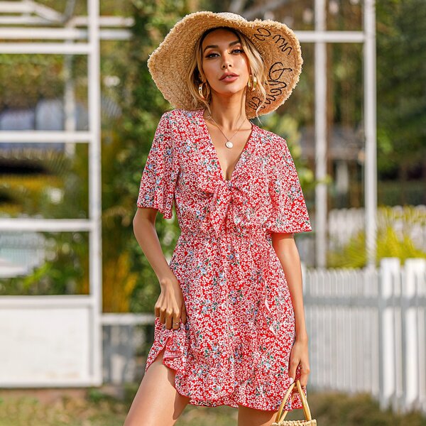 

Ditsy Floral Knot Front Ruffle Hem A-line Dress, Multicolor