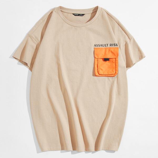 

Men Flap Pocket Patched Letter Graphic Top, Khaki