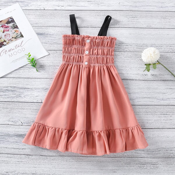 

Toddler Girls Ruffle Hem Shirred Back Cami Dress, Coral pink