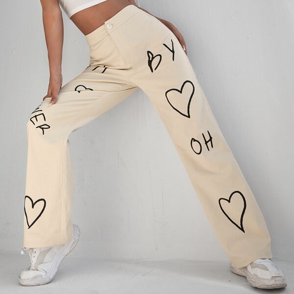 

Heart And Letter Graphic Pants, Apricot