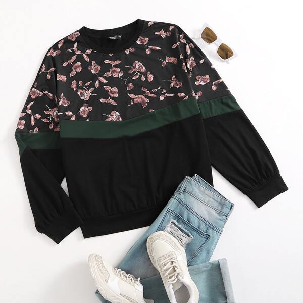 

Plus Cut And Sew Floral Sweatshirt, Black