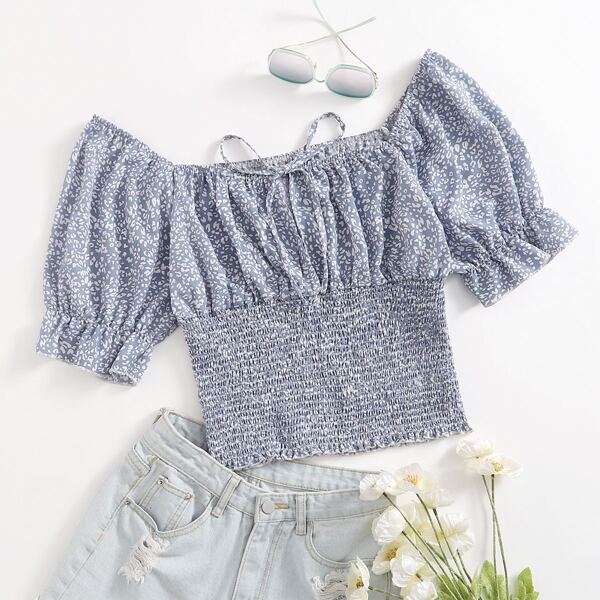 

Plus Allover Print Shirred Knot Front Milkmaid Top, Dusty blue