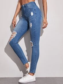 仿舊緊身牛仔褲 - 中等水洗藍 - 查看 3