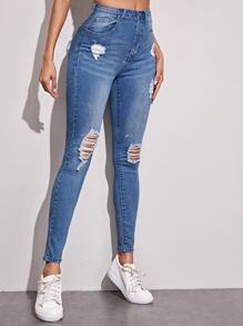 仿舊緊身牛仔褲 - 中等水洗藍 - 查看 4