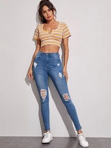 仿舊緊身牛仔褲 - 中等水洗藍 - 查看 5