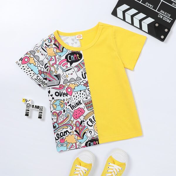 

Toddler Girls Cartoon Graphic Spliced Tee, Multicolor