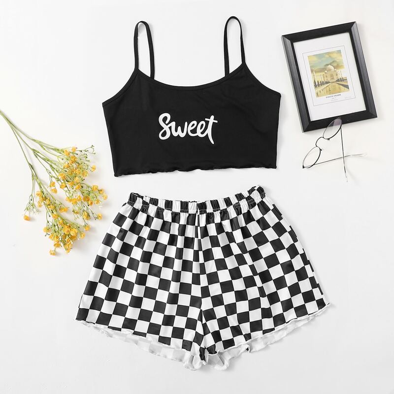 

Letter Graphic Cami & Checkerboard Shorts PJ Set, Black and white