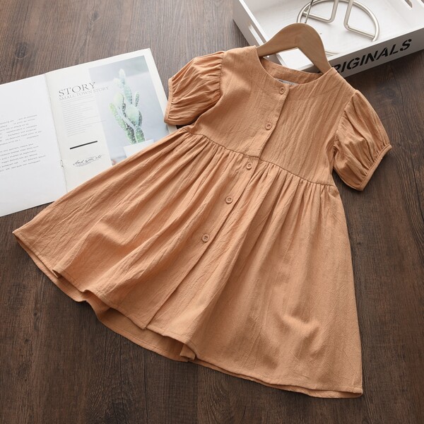 

Toddler Girls Button Through Puff Sleeve Dress, Khaki