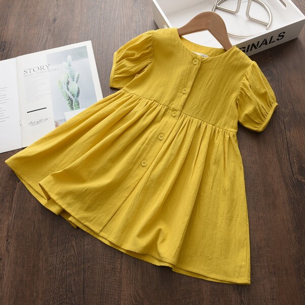 

Toddler Girls Button Through Puff Sleeve Dress, Yellow