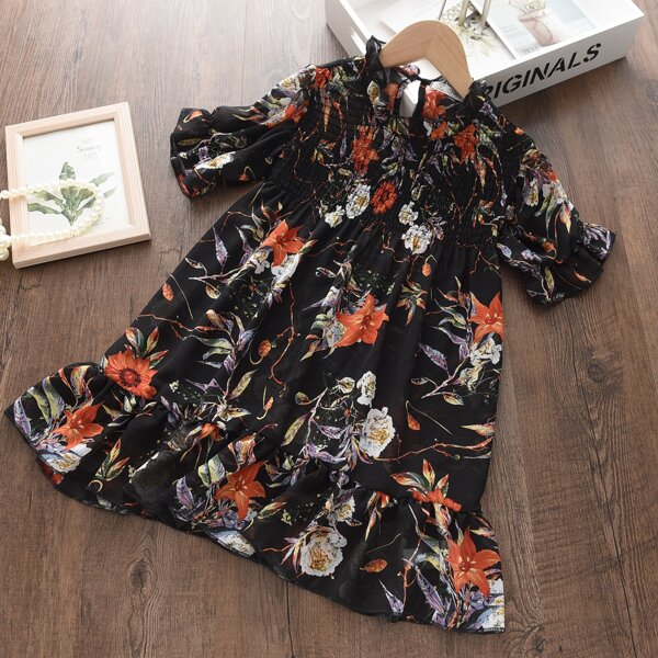 

Toddler Girls Ruffle Neck Shirred Floral Print Dress, Multicolor