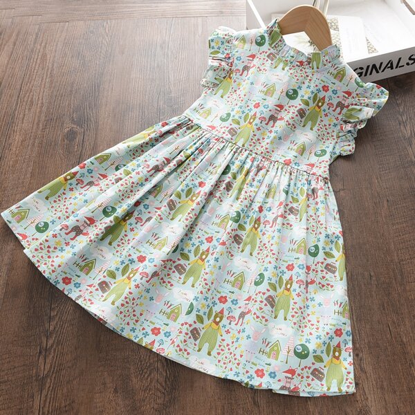 

Toddler Girls Ruffle Trim Allover Cartoon Graphic Dress, Multicolor
