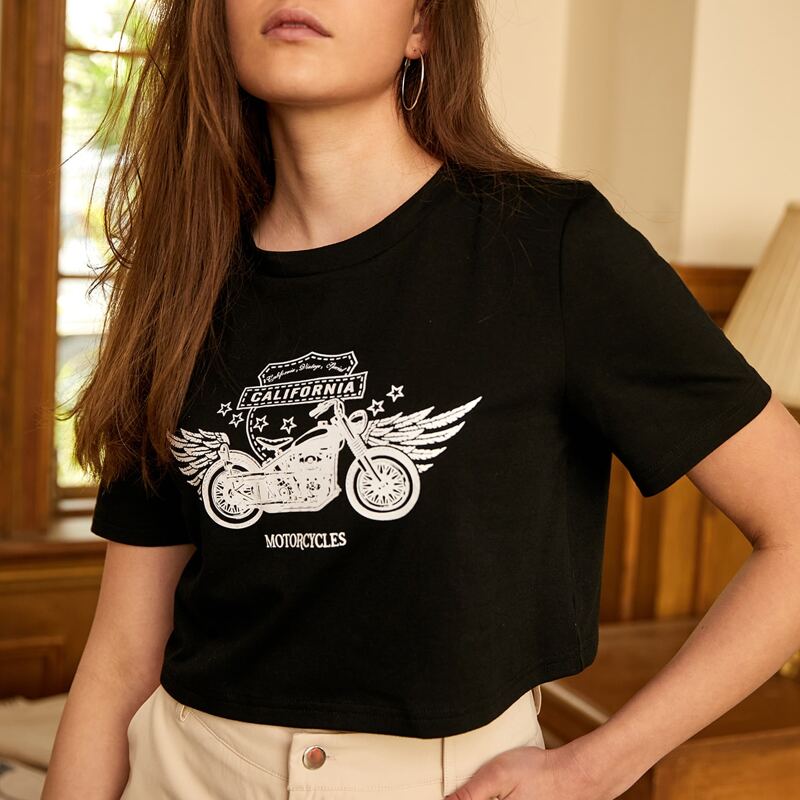 

Motorcycle Graphic Crop Tee, Black