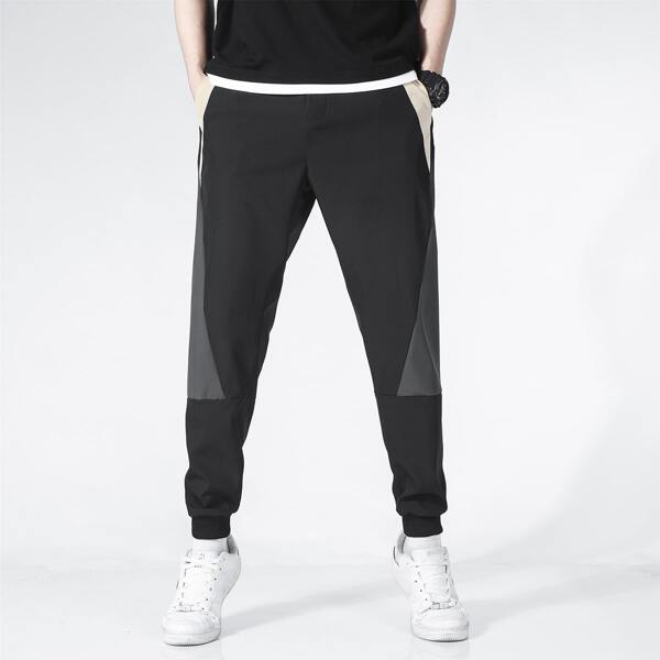 

Men Colorblock Drawstring Waist Pants, Black