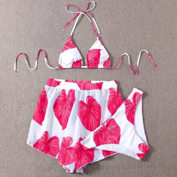 

3pack Leaf Print Triangle Bikini Swimsuit & Shorts, Red and white