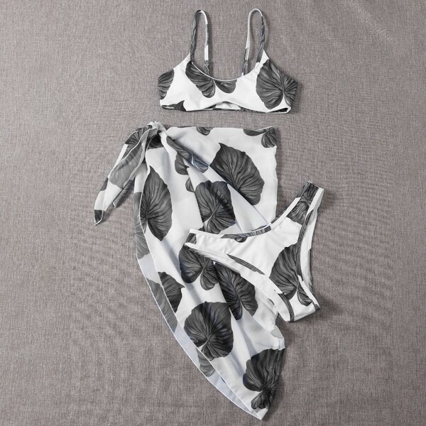 

3pack Leaf Print Bikini Swimsuit & Beach Skirt, Black and white