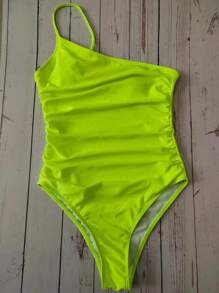 Swim Vcay Traje de baño de una pieza lima neón fruncido con un solo hombro para playa o verano