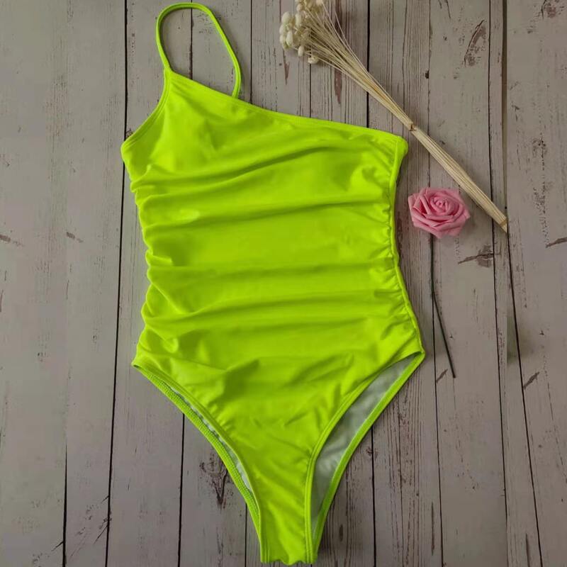 

Neon Lime Ruched One Shoulder One Piece Swimsuit, Green