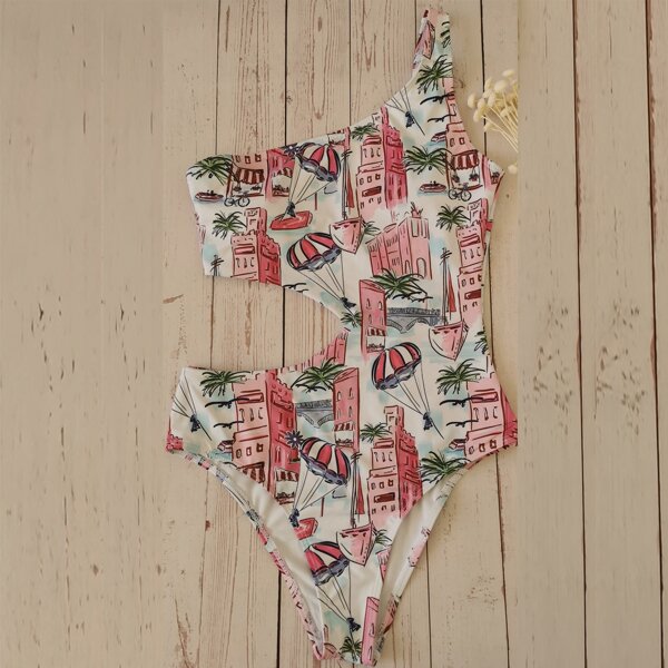 

Graphic Print One Shoulder One Piece Swimsuit, Multicolor