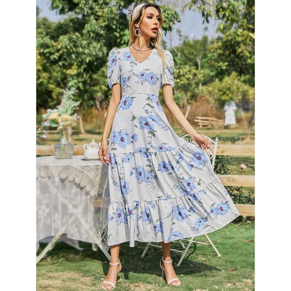 

Puff Sleeve Floral Print Ruffle Hem Dress, White