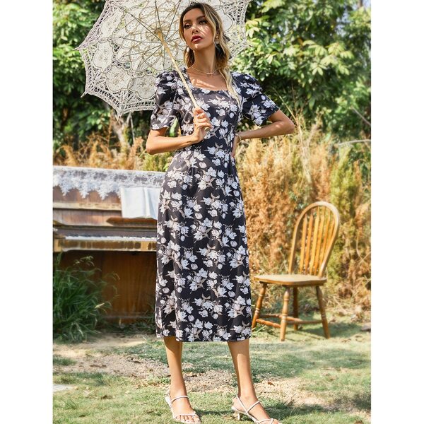 

Puff Sleeve Allover Floral Print Split Dress, Multicolor