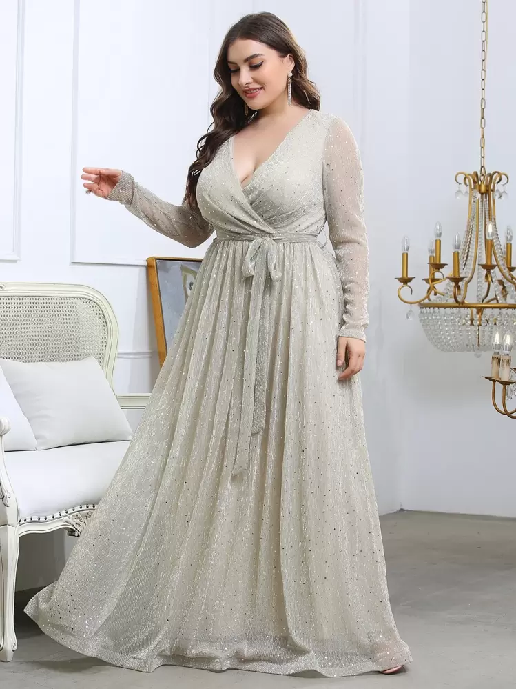 plus surplice neck glitter belted maxi dress Plus Surplice Neck Lantern Sleeves Sequin Belted Dress