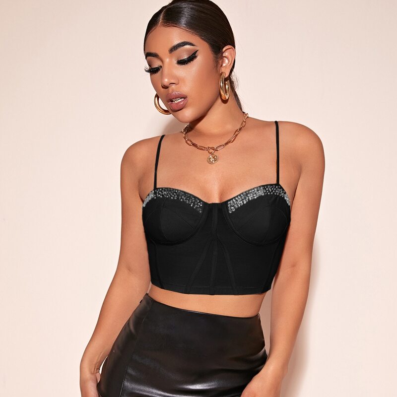 

Rhinestone Beaded Binding Trim Mesh Cami Bustier Top, Black