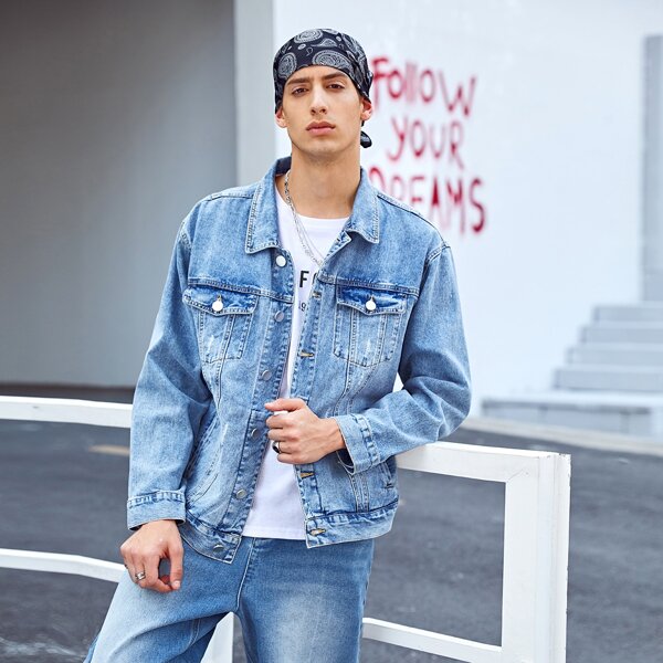 

Men Flap Pocket Button Up Denim Jacket, Medium wash