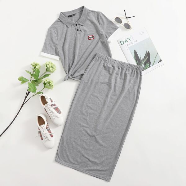 

Patched Detail Contrast Cuff Polo Shirt and Skirt Set, Grey