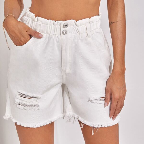 

High Waisted Ripped Raw Hem Denim Shorts, White
