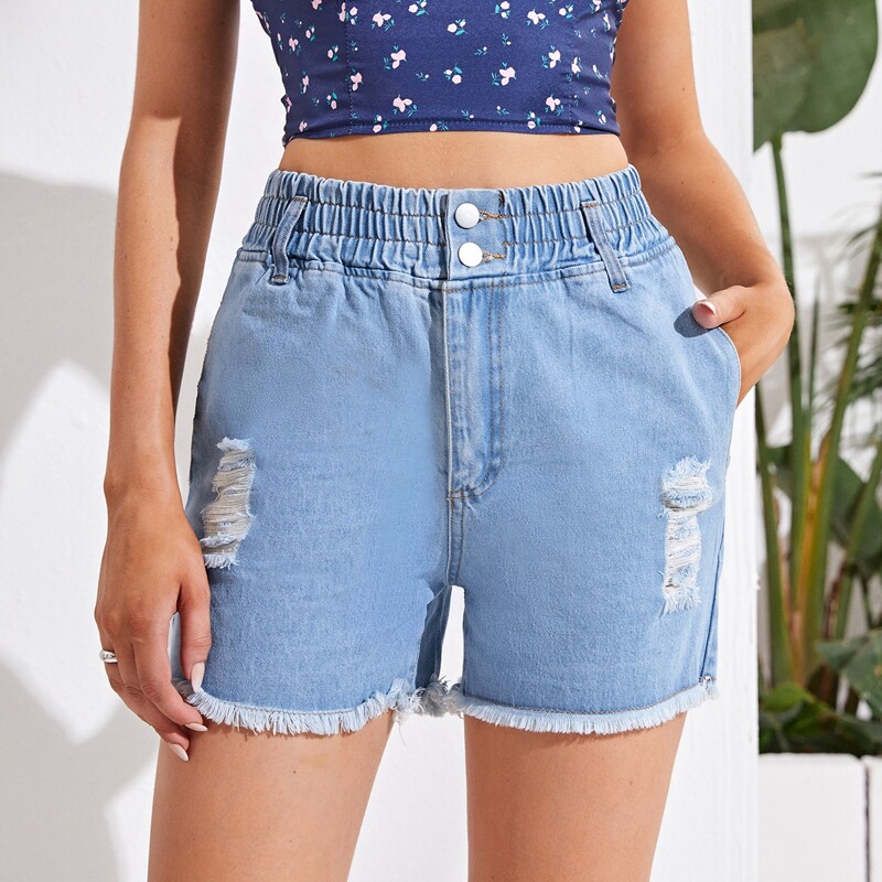 

Ripped Raw Hem Denim Shorts, Light wash
