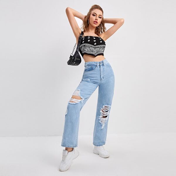 

High Waist Ripped Straight Leg Jeans, Light wash