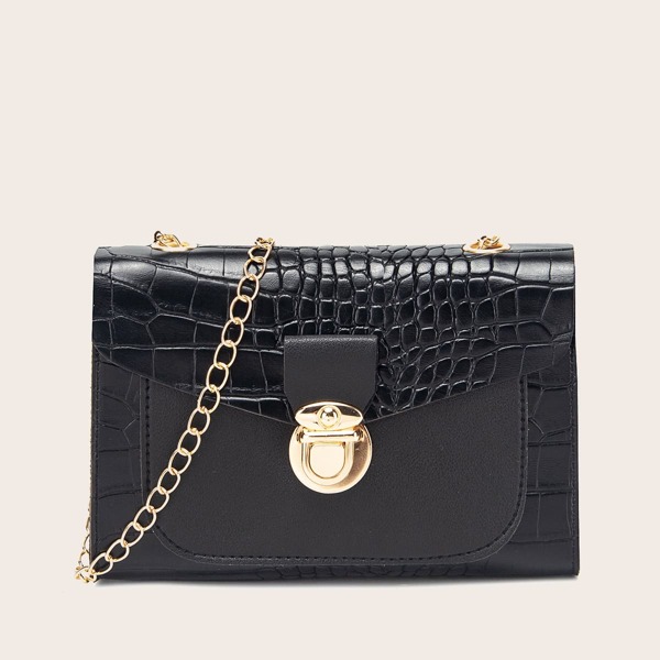 

Croc Embossed Chain Crossbody Bag, Black