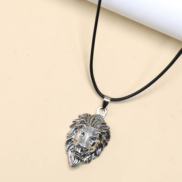 

Men Lion Head Pendant Necklace, Silver