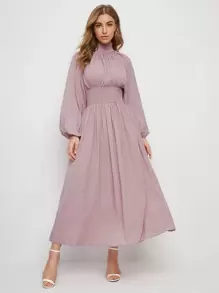 SHEIN Shirred Panel Lantern Sleeve Polka Dot Dress - Dusty Pink - View 1