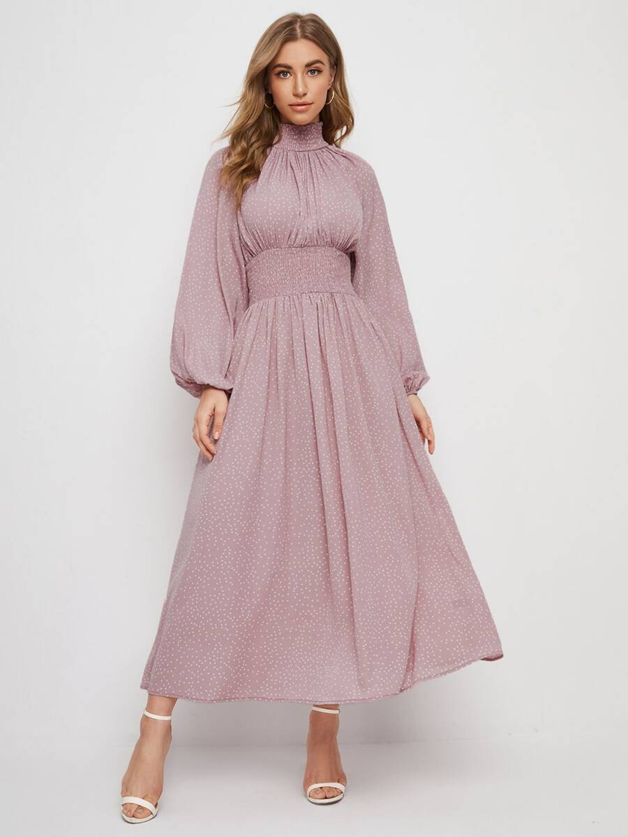 SHEIN Shirred Panel Lantern Sleeve Polka Dot Dress - Dusty Pink - View 1