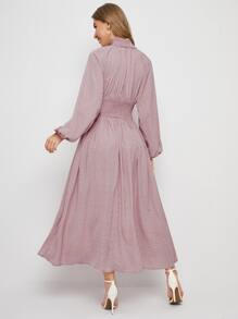 SHEIN Shirred Panel Lantern Sleeve Polka Dot Dress - Dusty Pink - View 2