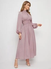 SHEIN Shirred Panel Lantern Sleeve Polka Dot Dress - Dusty Pink - View 3