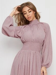 SHEIN Shirred Panel Lantern Sleeve Polka Dot Dress - Dusty Pink - View 4