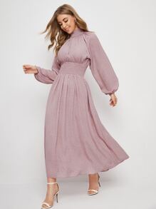 SHEIN Shirred Panel Lantern Sleeve Polka Dot Dress - Dusty Pink - View 5