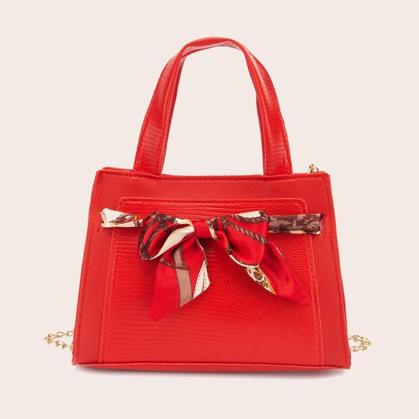 

Twilly Scarf Decor Chain Satchel Bag, Red