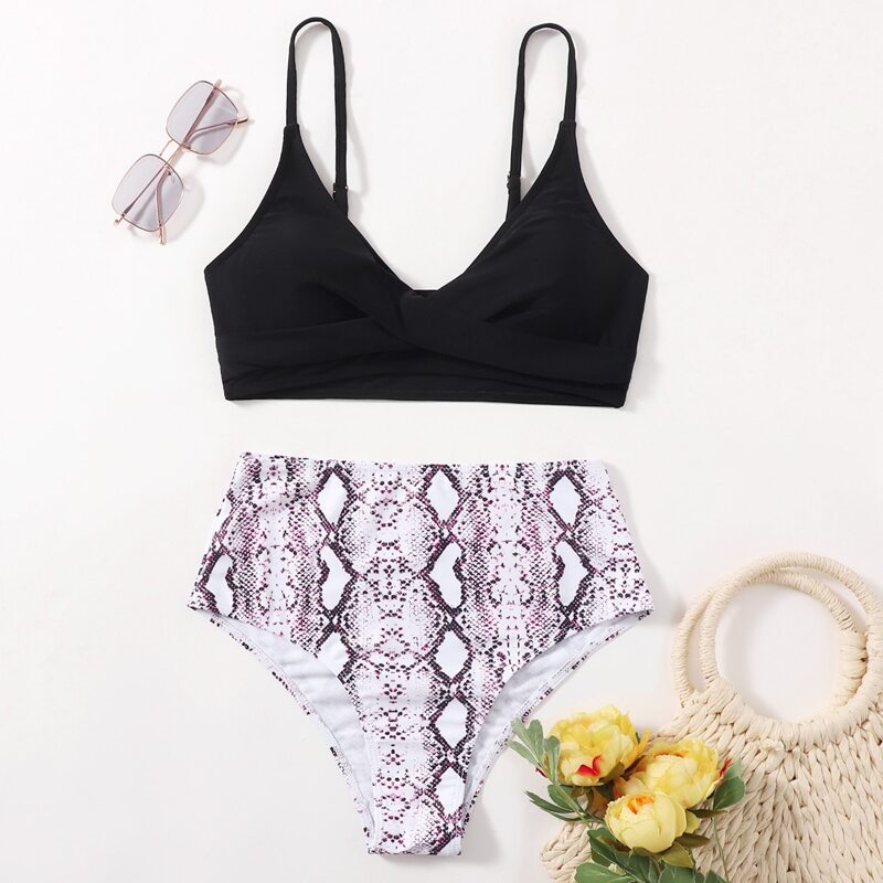 

Snakeskin Print High Waist Bikini Swimsuit, Black
