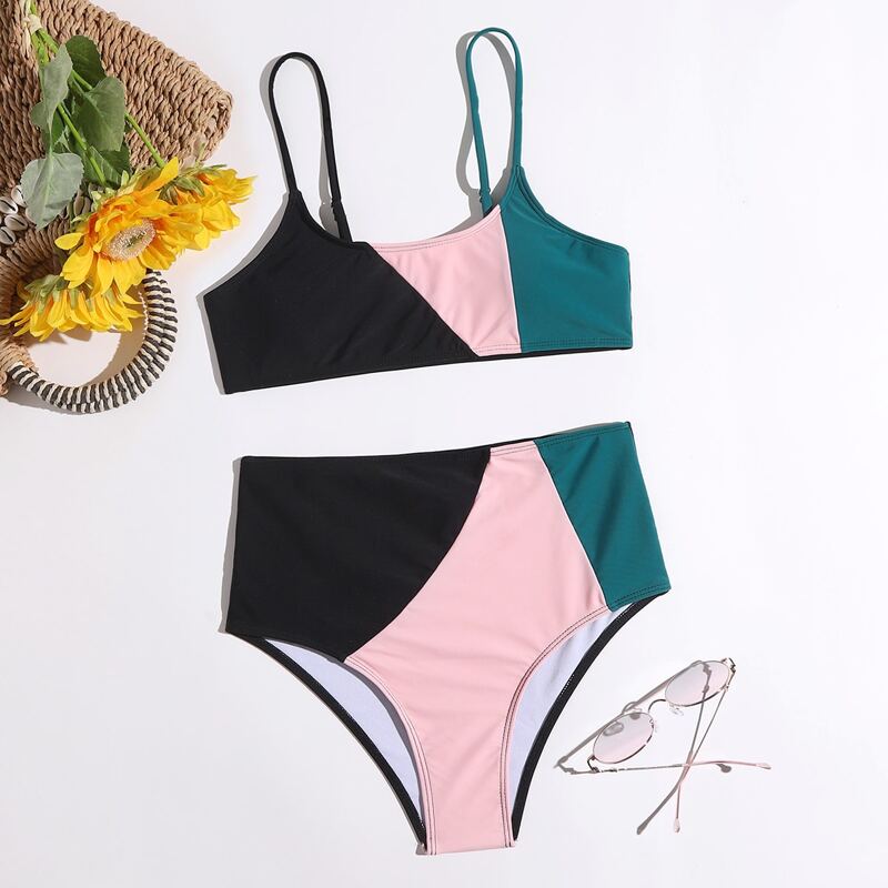 

Colorblock High Waist Bikini Swimsuit, Multicolor