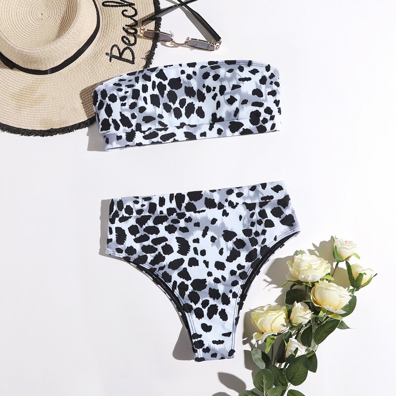 

Leopard Bandeau Bikini Swimsuit, Black and white