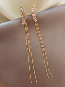 Cubic Zirconia Decor Long Earrings - Yellow Gold - View 2