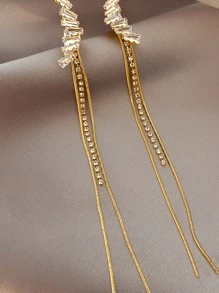 Cubic Zirconia Decor Long Earrings - Yellow Gold - View 3