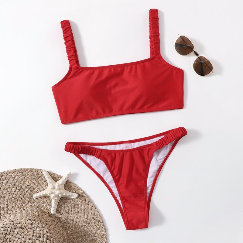 

Solid Elastic Tape Bikini Swimsuit, Red