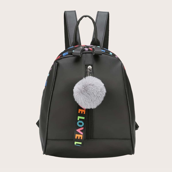 

Pom Pom Charm Letter Graphic Backpack, Black