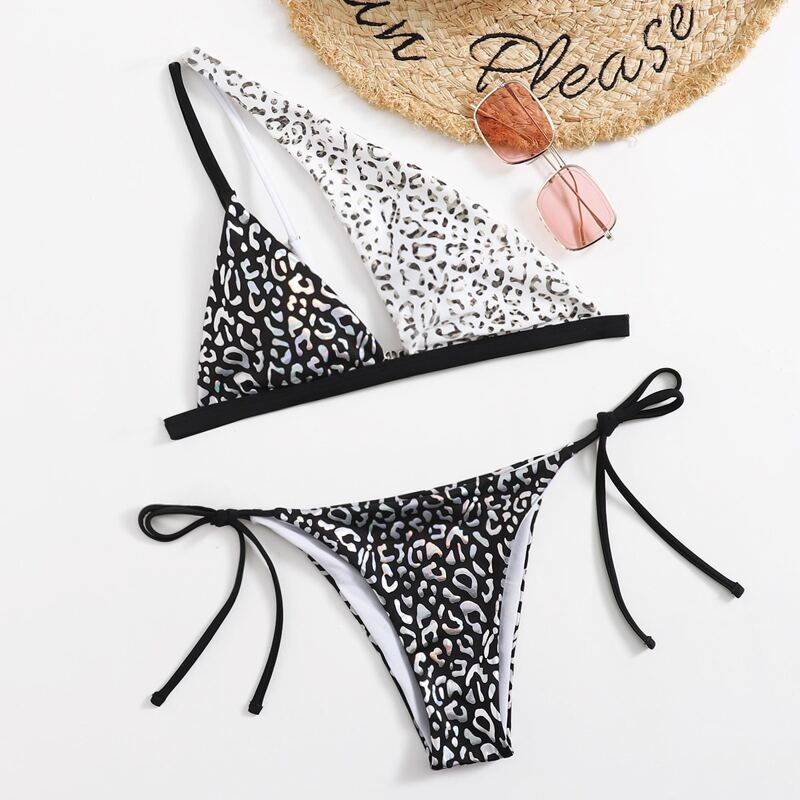 

Leopard One Shoulder Bikini Swimsuit, Black and white