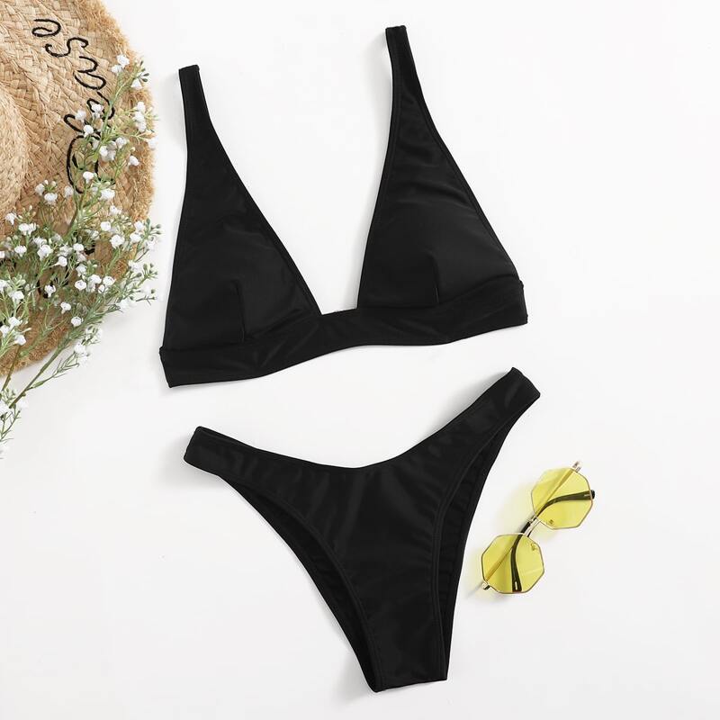 

Solid Plain Bikini Swimsuit, Black