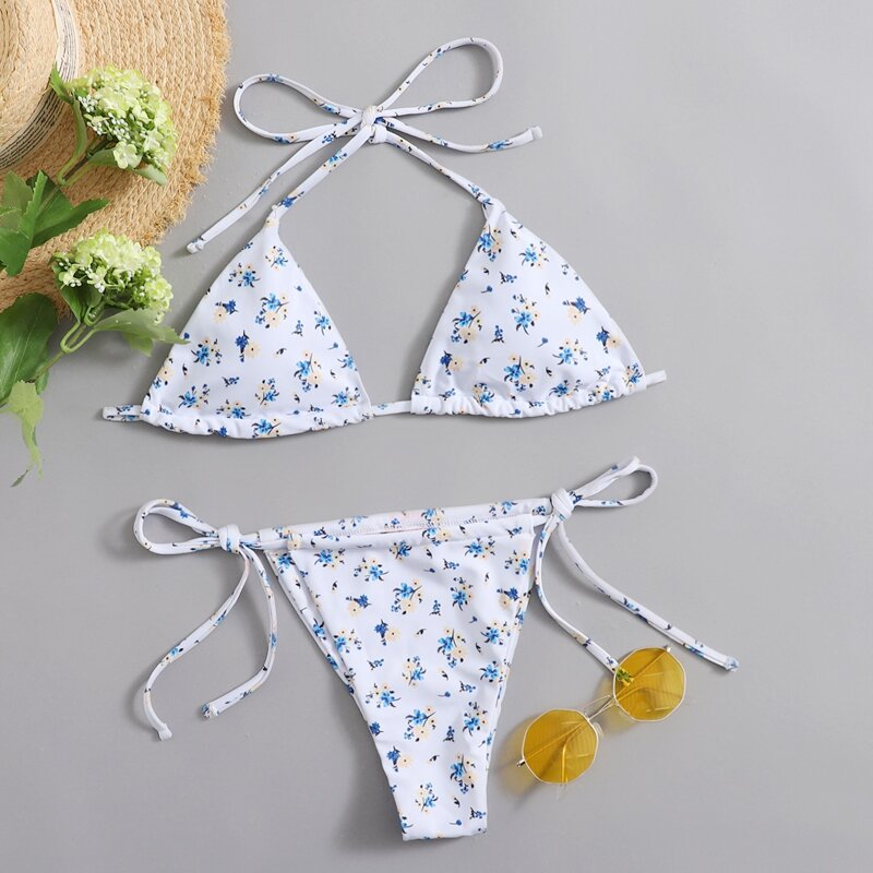

Ditsy Floral Tie Side Bikini Swimsuit, White